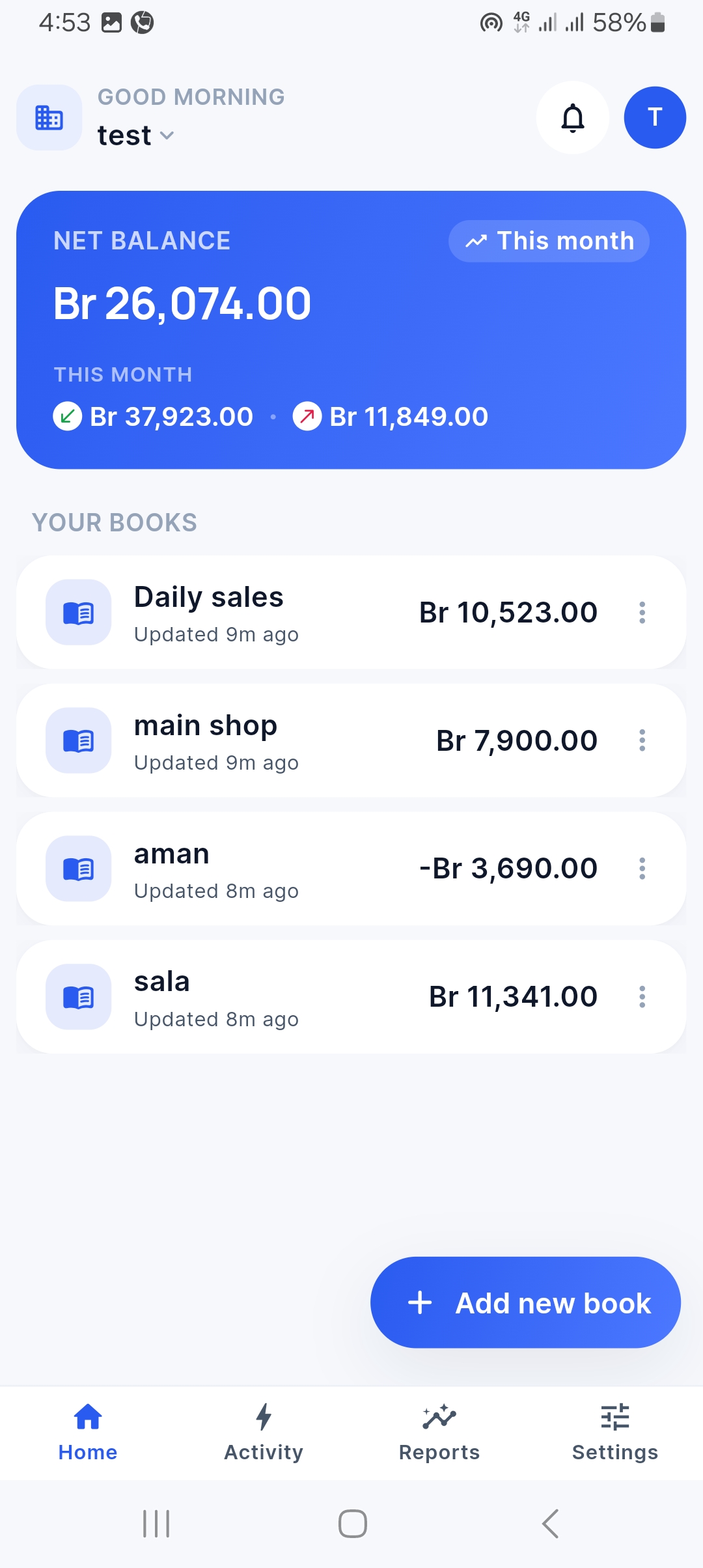 Birrbook home screen showing cash balance and recent transactions
